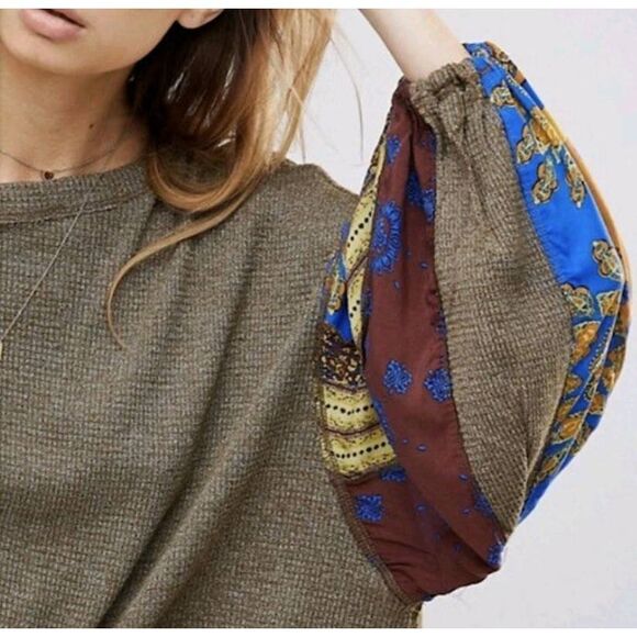 Free People We The Free Blossom Thermal Combo Top – Olive, Mixed Print Sleeves, - Picture 3 of 11